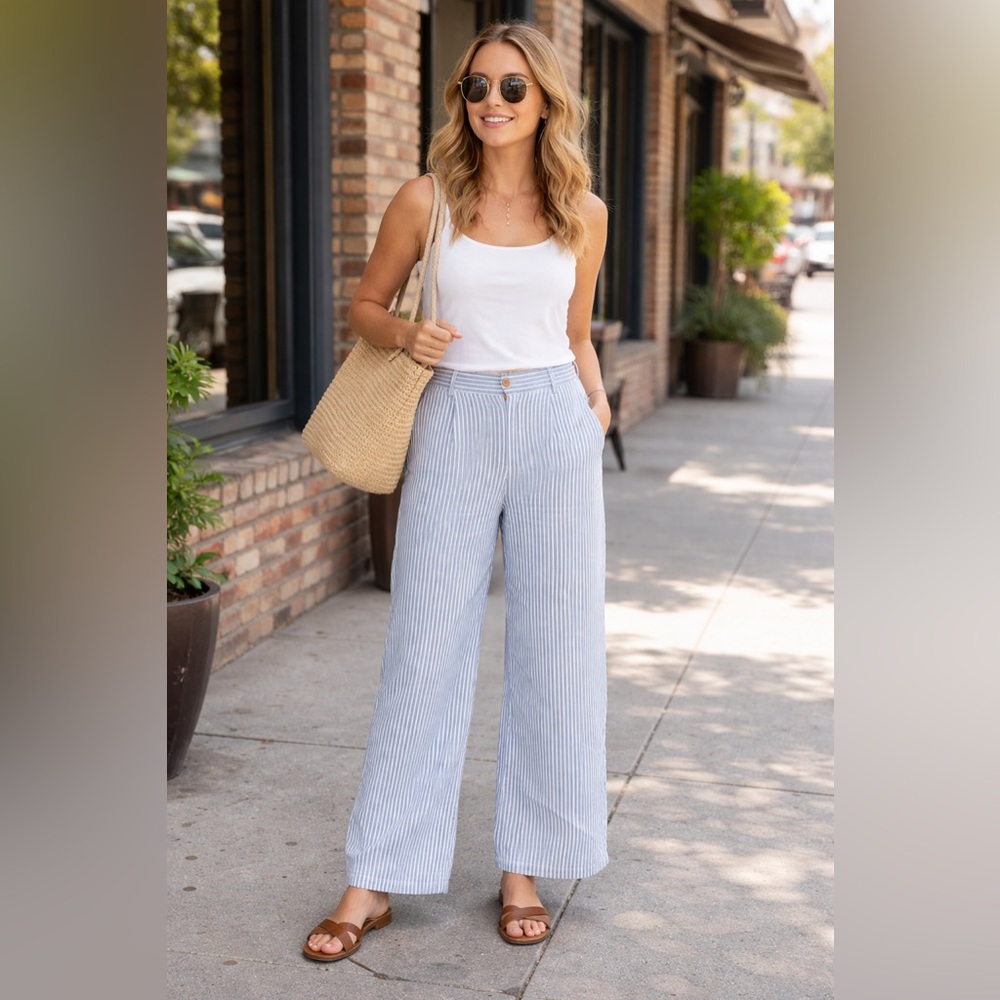 TAHARI Women's 100% Linen Blue White Stripe High Rise Wide Leg Pants 12